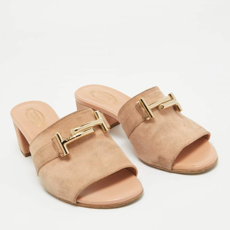 Pre Owned Tod's Pink Suede Double T Buckle Slide Sandals Size 36
