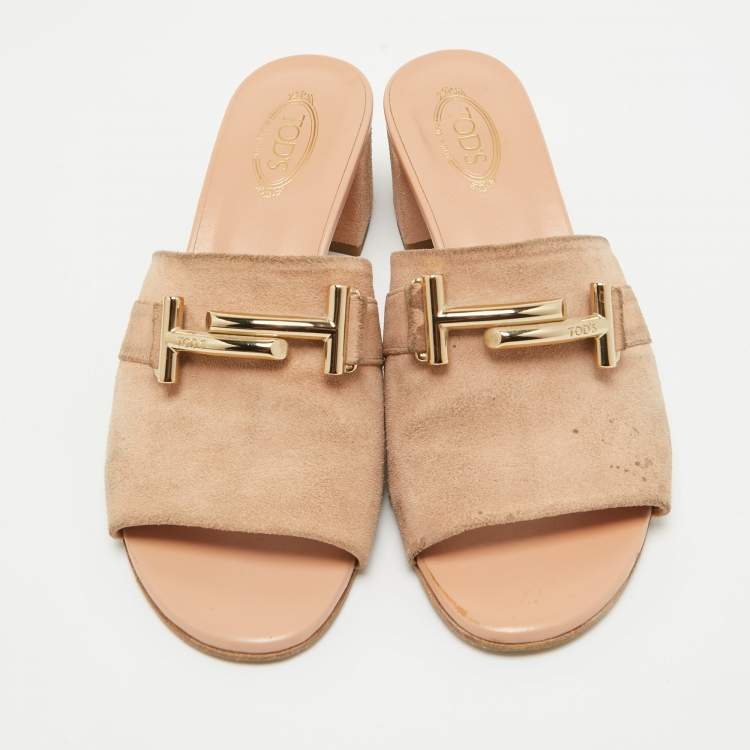 Pre Owned Tod's Pink Suede Double T Buckle Slide Sandals Size 36