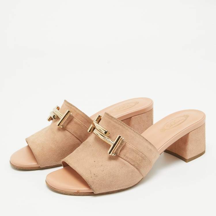 Pre Owned Tod's Pink Suede Double T Buckle Slide Sandals Size 36