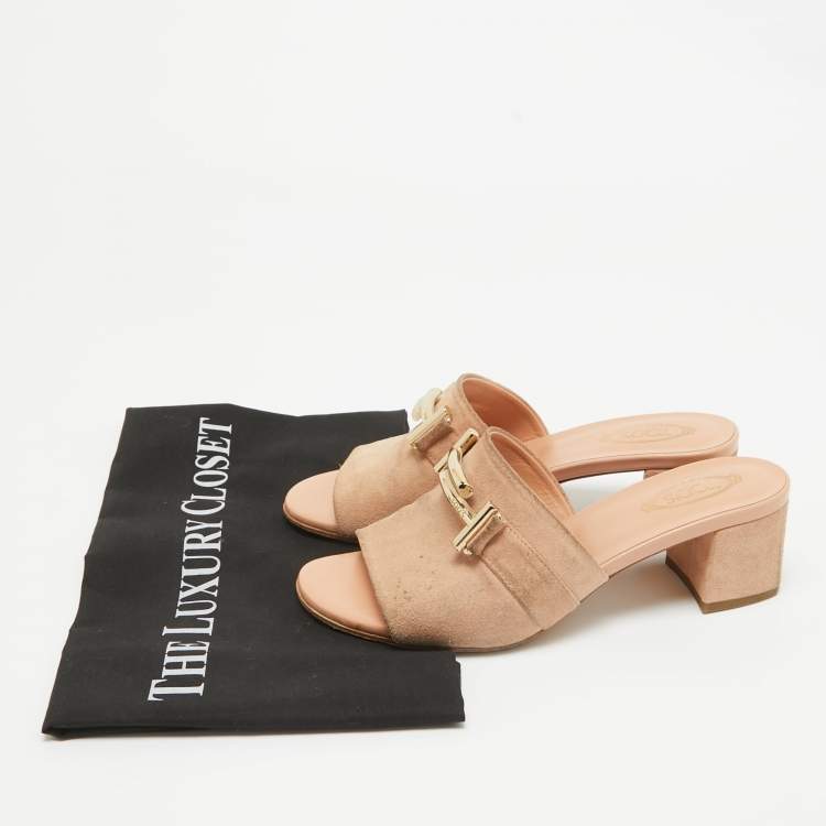 Pre Owned Tod's Pink Suede Double T Buckle Slide Sandals Size 36