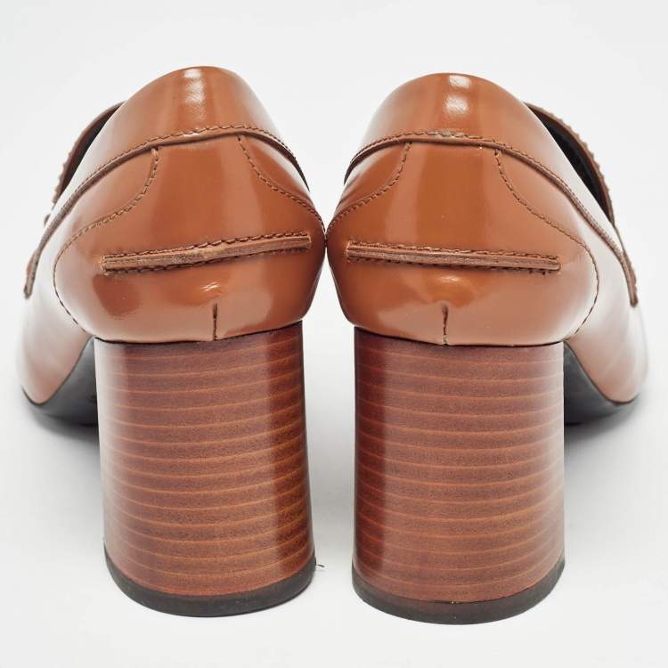 Pre Owned Tod's Brown Leather Block Heel Loafer Pumps Size 37