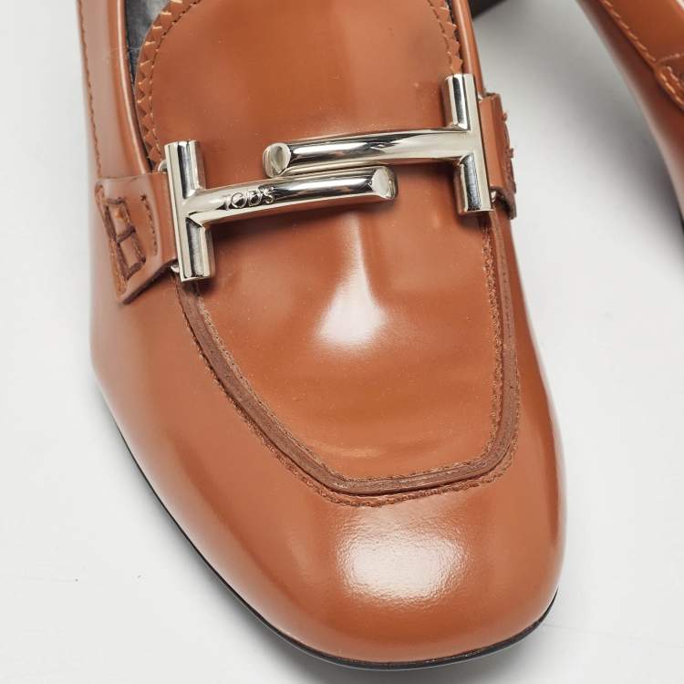 Pre Owned Tod's Brown Leather Block Heel Loafer Pumps Size 37