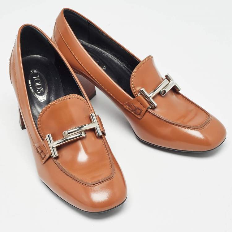 Pre Owned Tod's Brown Leather Block Heel Loafer Pumps Size 37