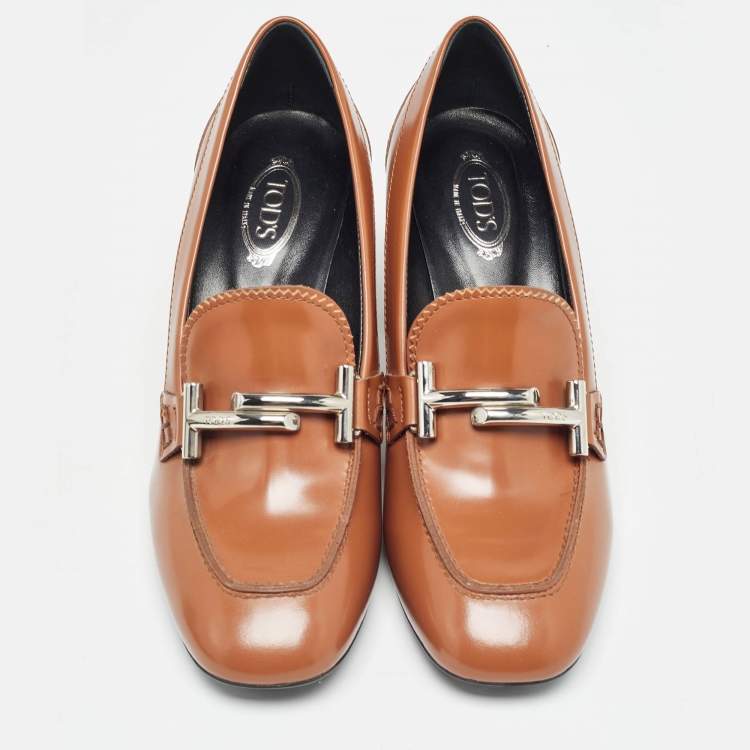 Pre Owned Tod's Brown Leather Block Heel Loafer Pumps Size 37