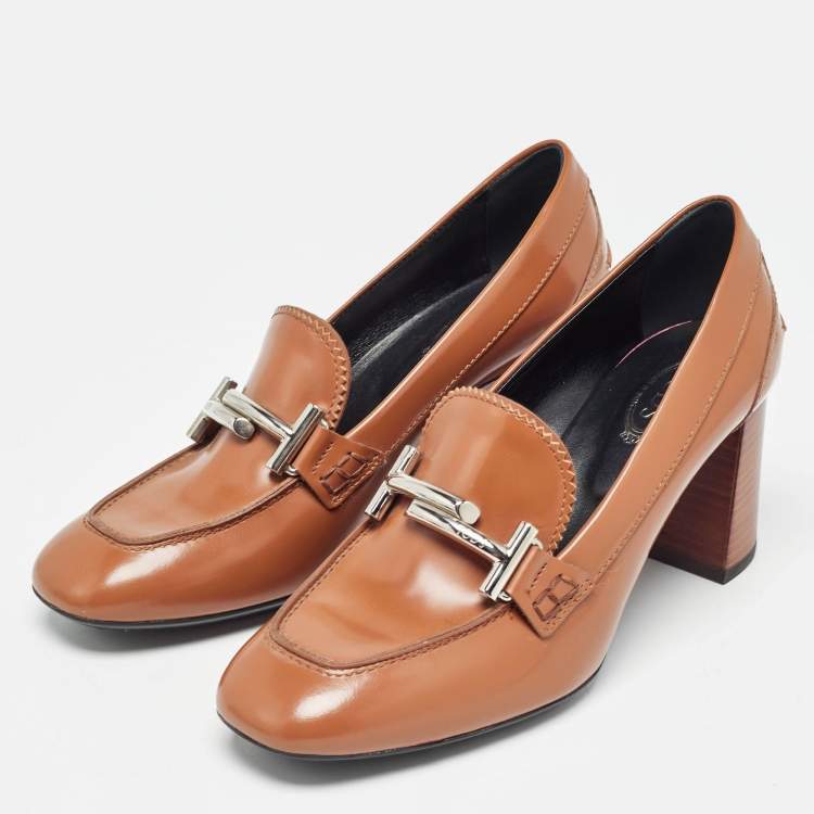 Pre Owned Tod's Brown Leather Block Heel Loafer Pumps Size 37