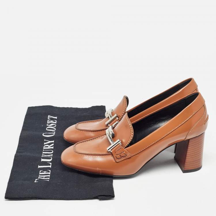 Pre Owned Tod's Brown Leather Block Heel Loafer Pumps Size 37
