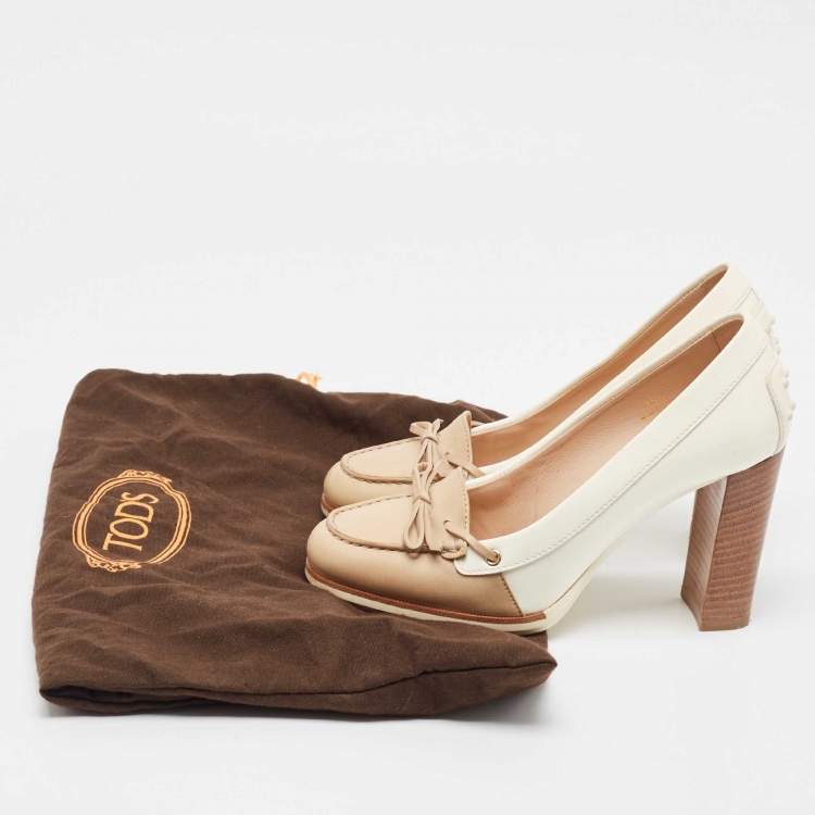 Pre Owned Tod's White/Beige Patent Leather Bow Block Heel Loafer Pumps 35.5