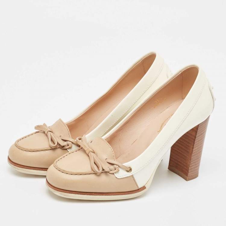 Pre Owned Tod's White/Beige Patent Leather Bow Block Heel Loafer Pumps 35.5