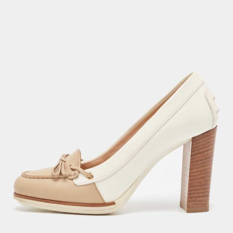 Pre Owned Tod's White/Beige Patent Leather Bow Block Heel Loafer Pumps 35.5