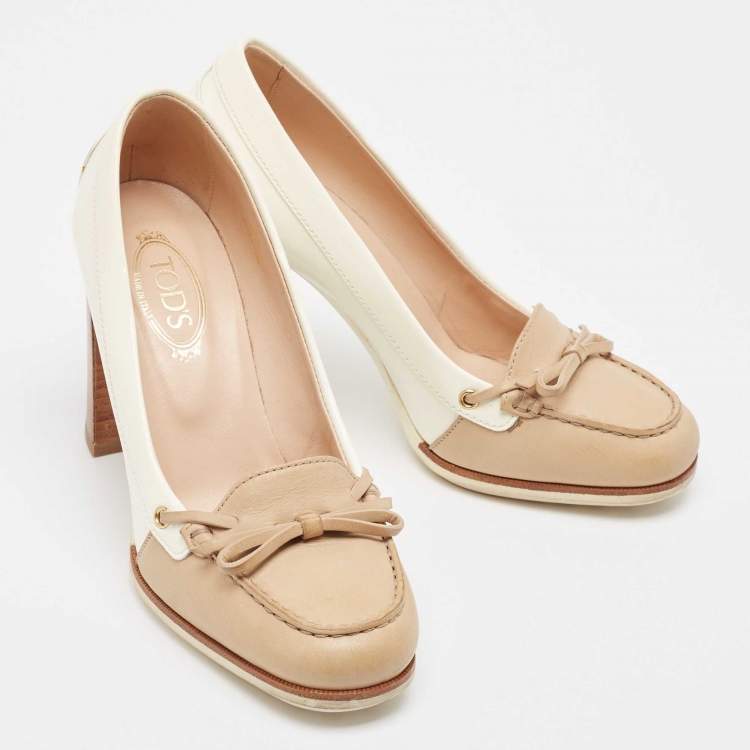 Pre Owned Tod's White/Beige Patent Leather Bow Block Heel Loafer Pumps 35.5