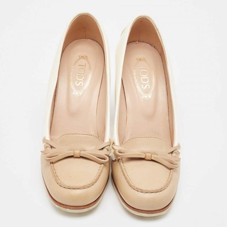 Pre Owned Tod's White/Beige Patent Leather Bow Block Heel Loafer Pumps 35.5