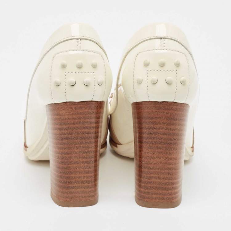 Pre Owned Tod's White/Beige Patent Leather Bow Block Heel Loafer Pumps 35.5