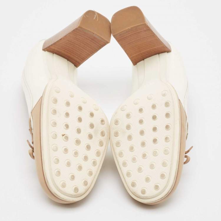 Pre Owned Tod's White/Beige Patent Leather Bow Block Heel Loafer Pumps 35.5