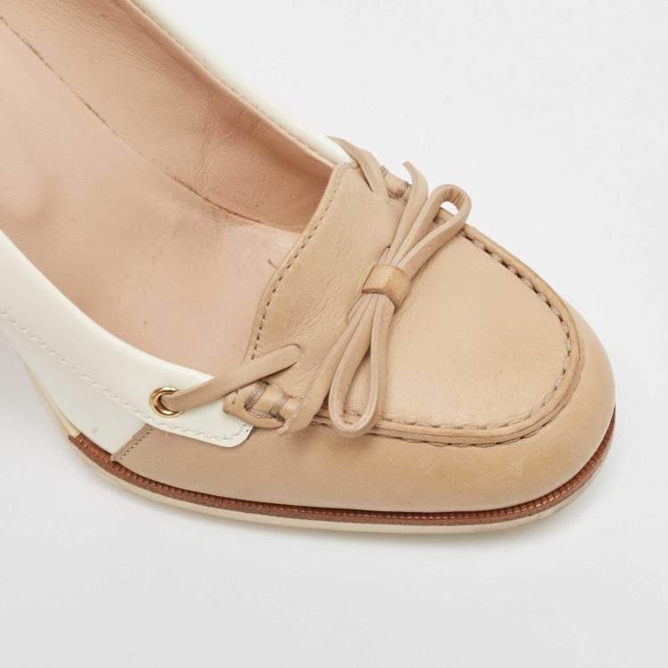 Pre Owned Tod's White/Beige Patent Leather Bow Block Heel Loafer Pumps 35.5