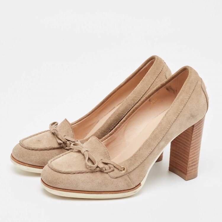 Pre Owned Tod's Beige Suede Bow Block Heel Loafer Pumps 36.5