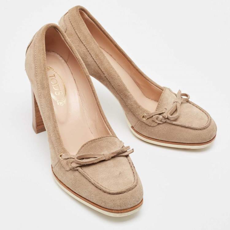 Pre Owned Tod's Beige Suede Bow Block Heel Loafer Pumps 36.5