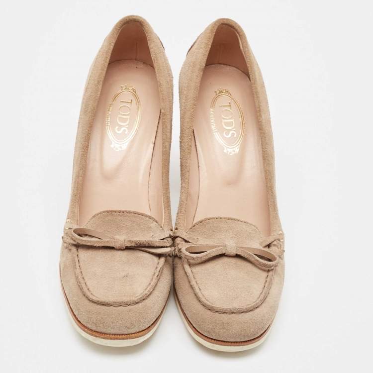 Pre Owned Tod's Beige Suede Bow Block Heel Loafer Pumps 36.5