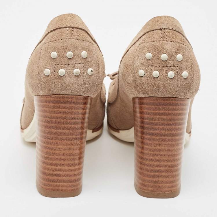 Pre Owned Tod's Beige Suede Bow Block Heel Loafer Pumps 36.5
