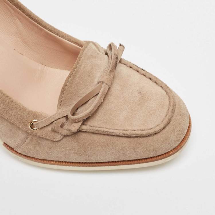 Pre Owned Tod's Beige Suede Bow Block Heel Loafer Pumps 36.5