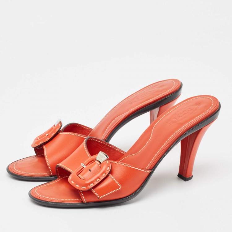 Pre Owned Tod's Orange Leather Slide Sandals Size 38.5