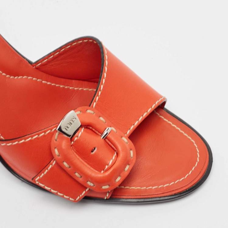 Pre Owned Tod's Orange Leather Slide Sandals Size 38.5