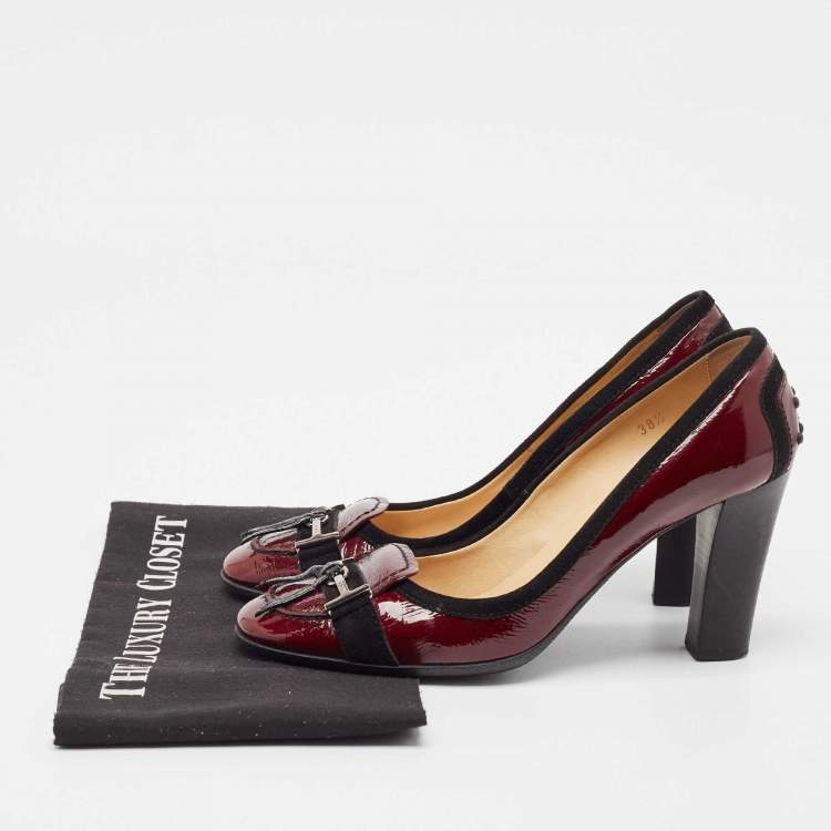 Pre Owned Tod's Burgundy Patent Leather Buckle Detail Loafer Pumps Size 38.5
