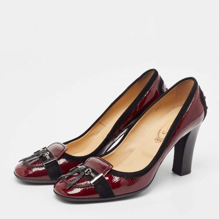 Pre Owned Tod's Burgundy Patent Leather Buckle Detail Loafer Pumps Size 38.5
