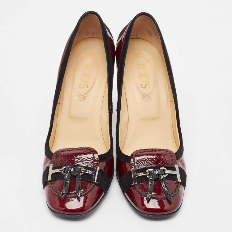 Pre Owned Tod's Burgundy Patent Leather Buckle Detail Loafer Pumps Size 38.5