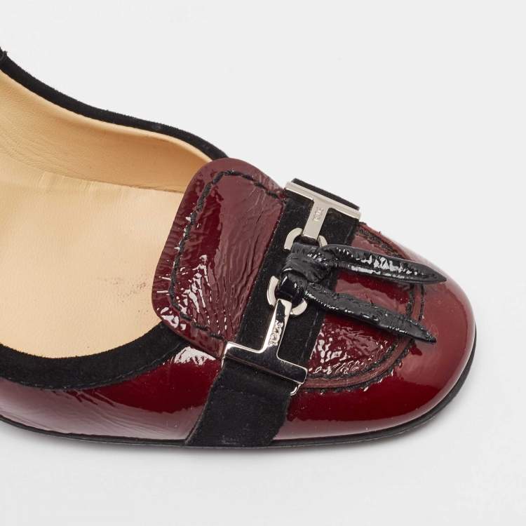 Pre Owned Tod's Burgundy Patent Leather Buckle Detail Loafer Pumps Size 38.5