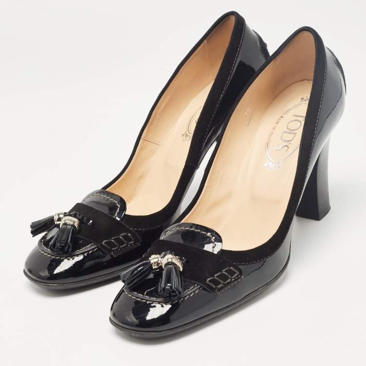 Pre Owned Tod's Black Patent Leather Tassel Detail Loafer Pumps Size 39