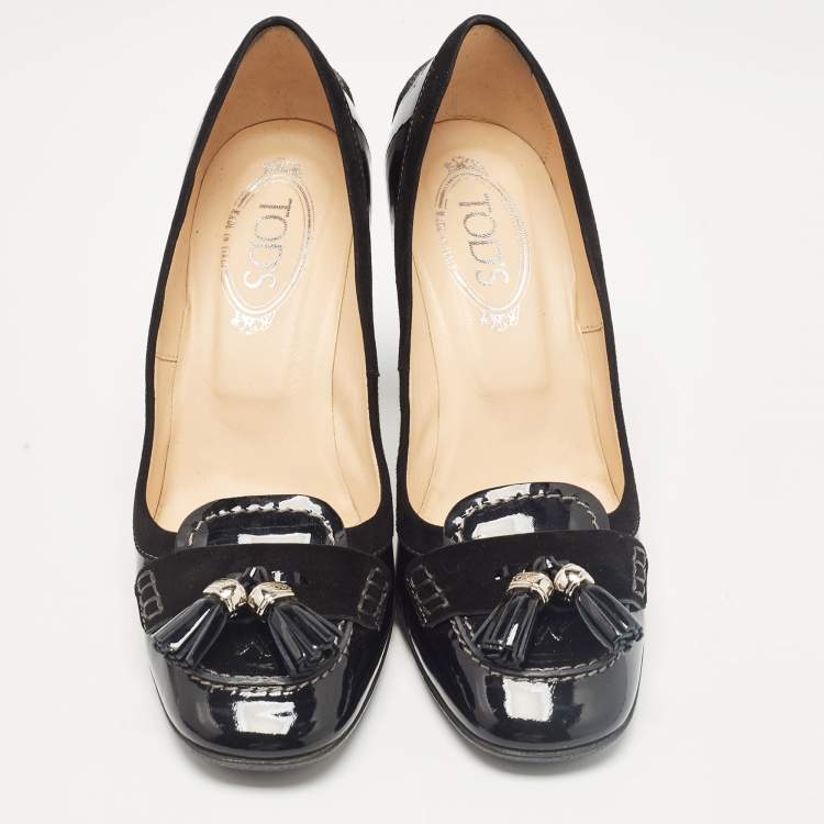 Pre Owned Tod's Black Patent Leather Tassel Detail Loafer Pumps Size 39