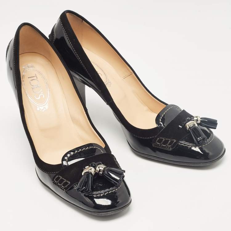 Pre Owned Tod's Black Patent Leather Tassel Detail Loafer Pumps Size 39