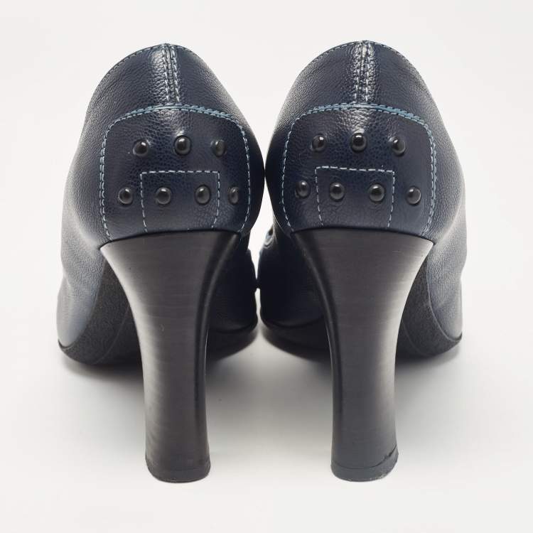 Pre Owned Tod's Navy Blue Leather Fringe Detail Pumps Size 38.5