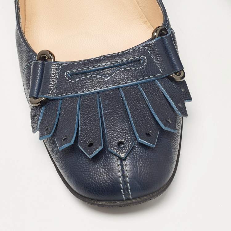 Pre Owned Tod's Navy Blue Leather Fringe Detail Pumps Size 38.5