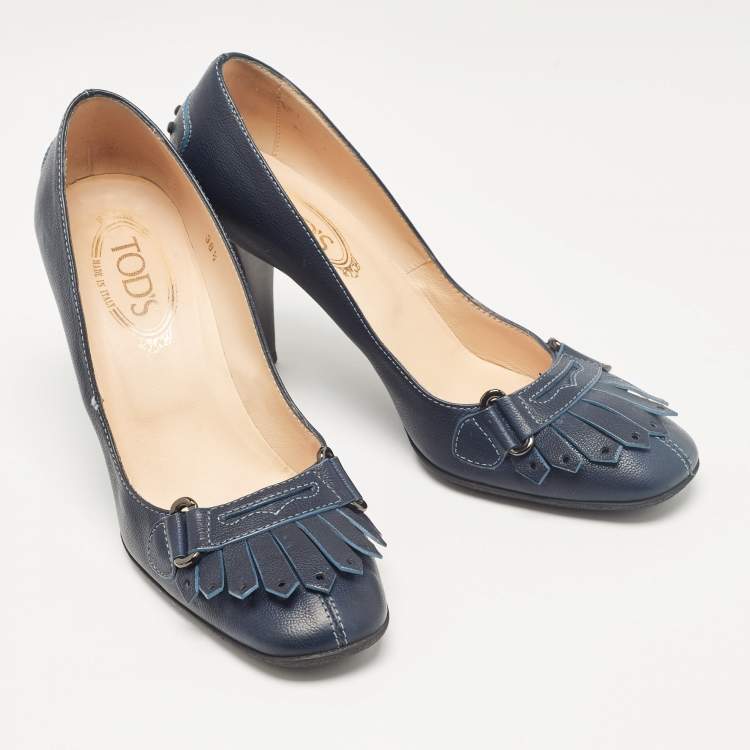 Pre Owned Tod's Navy Blue Leather Fringe Detail Pumps Size 38.5