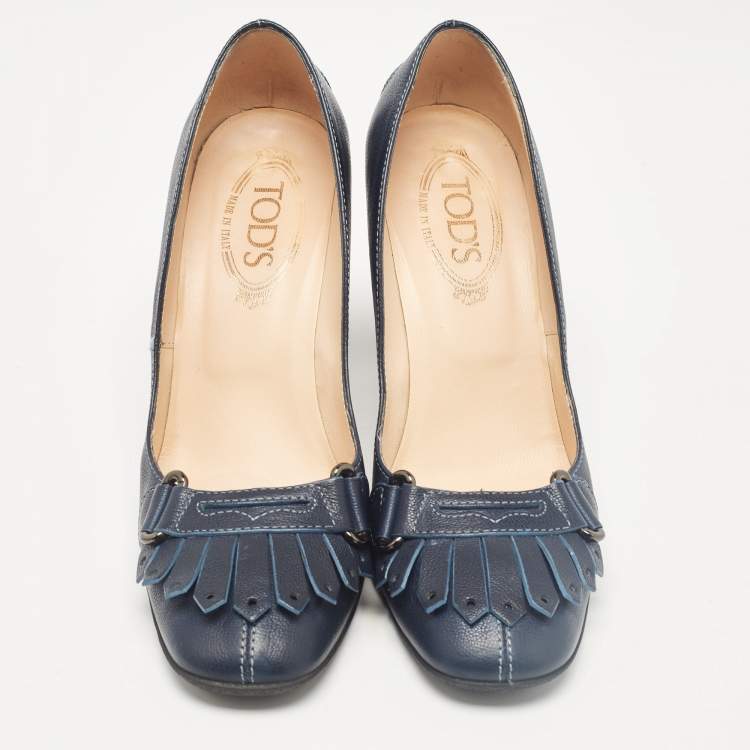 Pre Owned Tod's Navy Blue Leather Fringe Detail Pumps Size 38.5