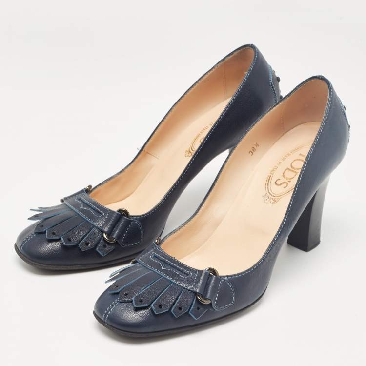 Pre Owned Tod's Navy Blue Leather Fringe Detail Pumps Size 38.5