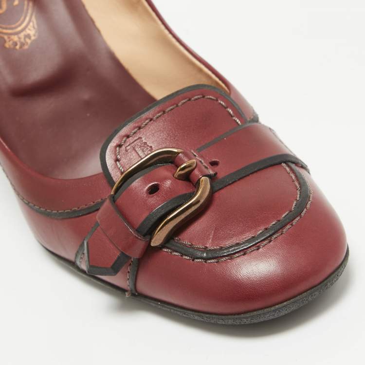 Pre Owned Tod's Burgundy Leather Loafer Pumps Size 38.5