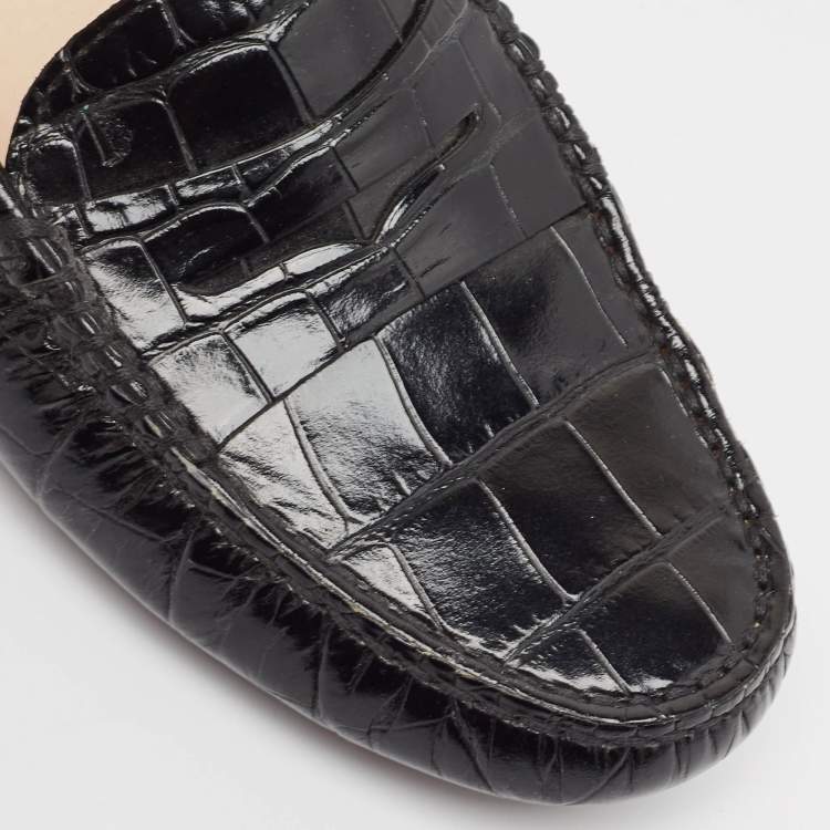 Pre Owned Tod's Black Croc Embossed Leather Gommino Loafers Size 37.5
