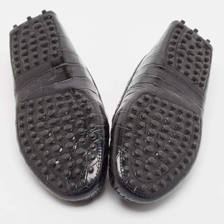 Pre Owned Tod's Black Croc Embossed Leather Gommino Loafers Size 37.5