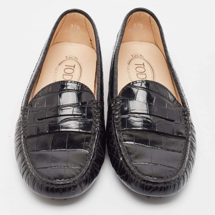 Pre Owned Tod's Black Croc Embossed Leather Gommino Loafers Size 37.5