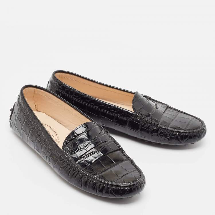 Pre Owned Tod's Black Croc Embossed Leather Gommino Loafers Size 37.5