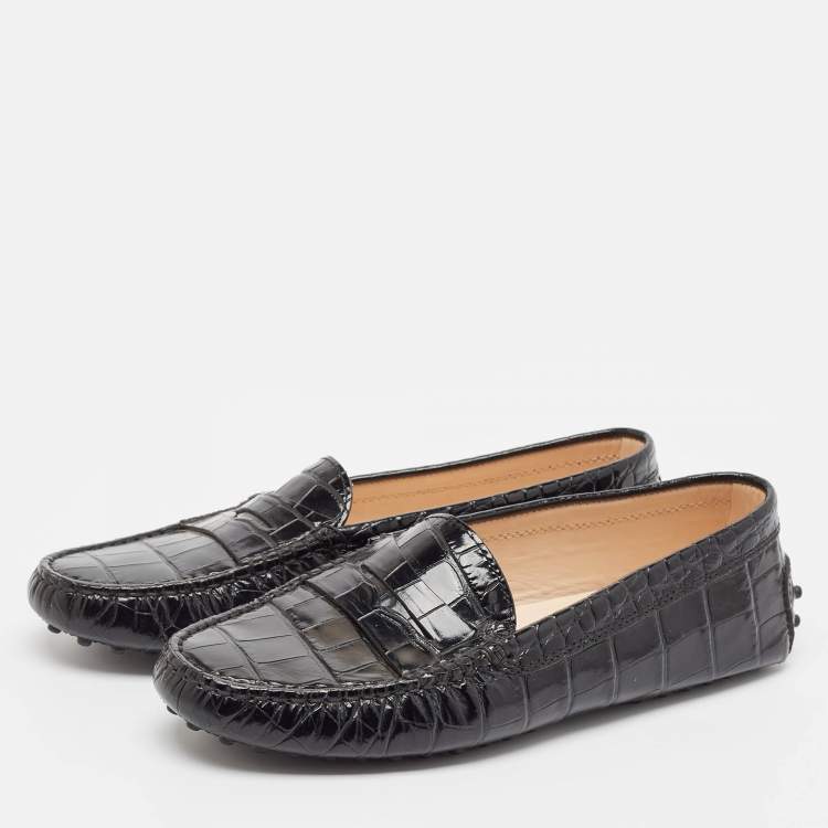 Pre Owned Tod's Black Croc Embossed Leather Gommino Loafers Size 37.5