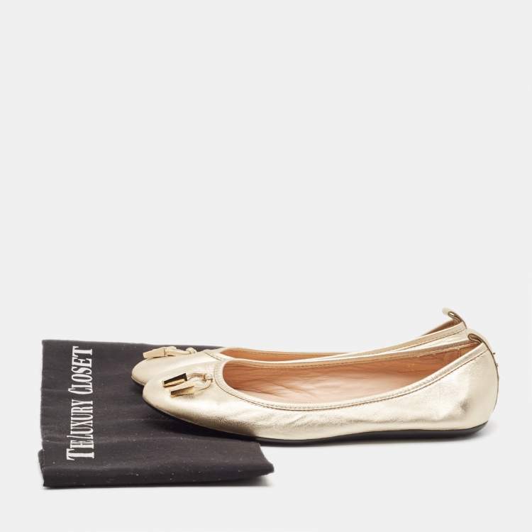 Pre Owned Tod's Metallic Gold Leather Ballet Flats Size 37