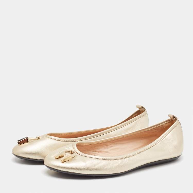 Pre Owned Tod's Metallic Gold Leather Ballet Flats Size 37