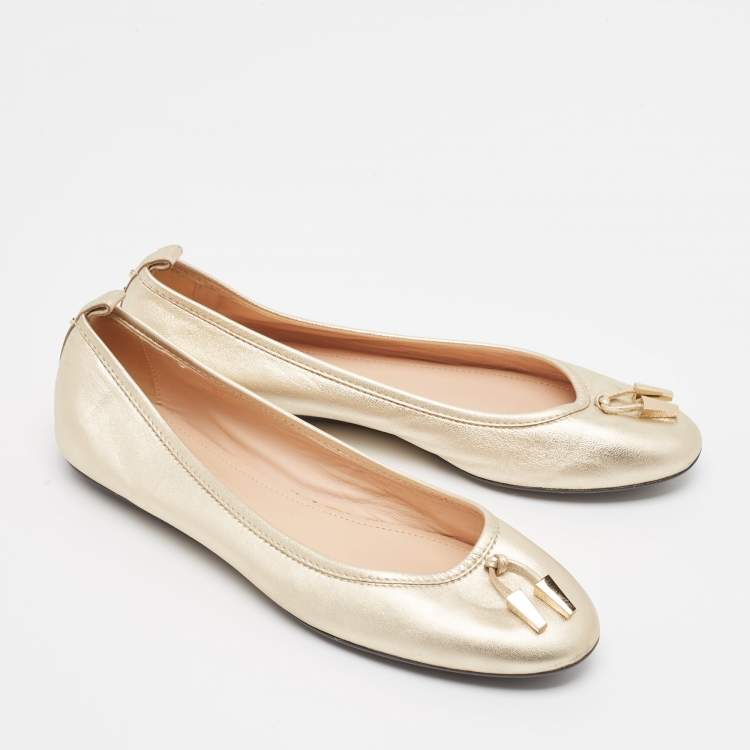 Pre Owned Tod's Metallic Gold Leather Ballet Flats Size 37