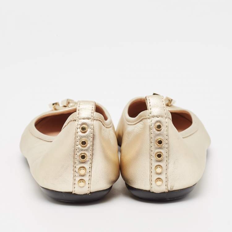 Pre Owned Tod's Metallic Gold Leather Ballet Flats Size 37