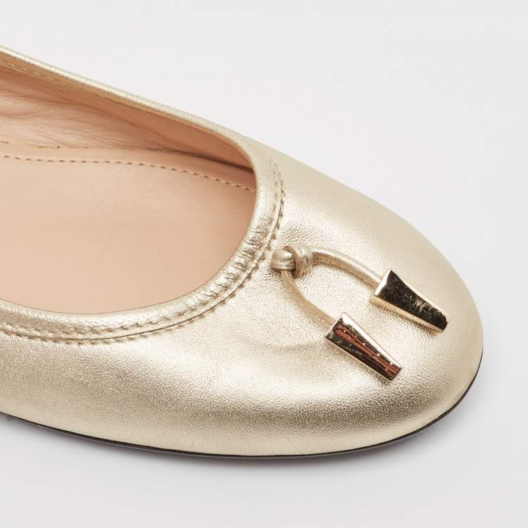 Pre Owned Tod's Metallic Gold Leather Ballet Flats Size 37
