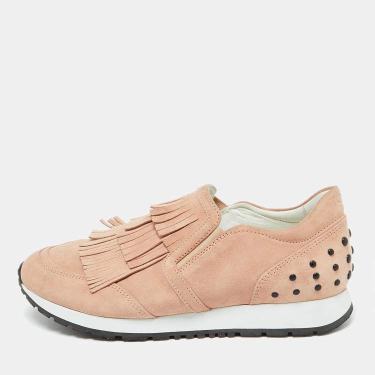 Pre Owned Tod's Peach Suede Fringe Slip On Sneakers Size 37.5