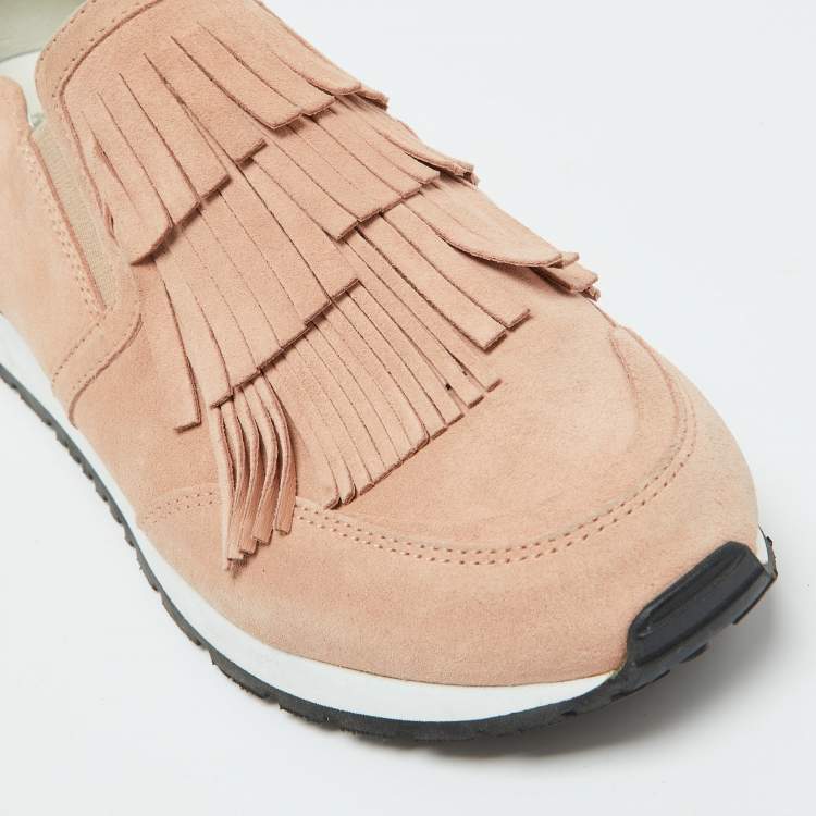 Pre Owned Tod's Peach Suede Fringe Slip On Sneakers Size 37.5